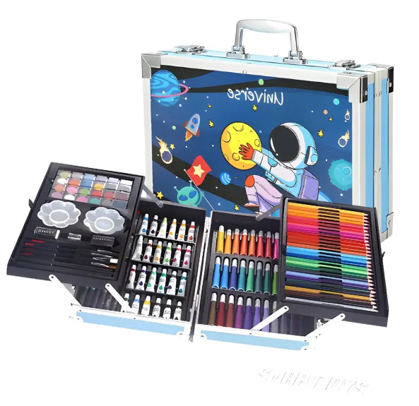 Set De Arte Maletín Por 145 Piezas Metálico Para Niños Incluye Crayones Pinturas Acuarelas