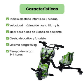 Triciclo Eléctrico Infantil 3 Ruedas con Luces LED, Bluetooth y Velocidades Ajustables