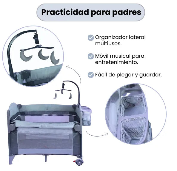 Cuna Corral Tipo Colecho Para Bebé Patio Con Mosquitero, Organizador Y Móvil Musical
