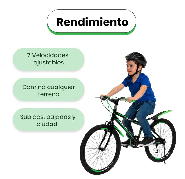 Bicicleta Rin 26 para Niño con 7 Cambios Marco Resistente Color Negro con Verde