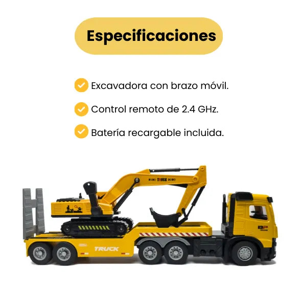 Camión Tráiler Con Excavadora RC 2.4GHz Juguete A Control Remoto Con Batería Recargable para Niños