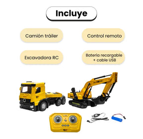 Camión Tráiler Con Excavadora RC 2.4GHz Juguete A Control Remoto Con Batería Recargable para Niños