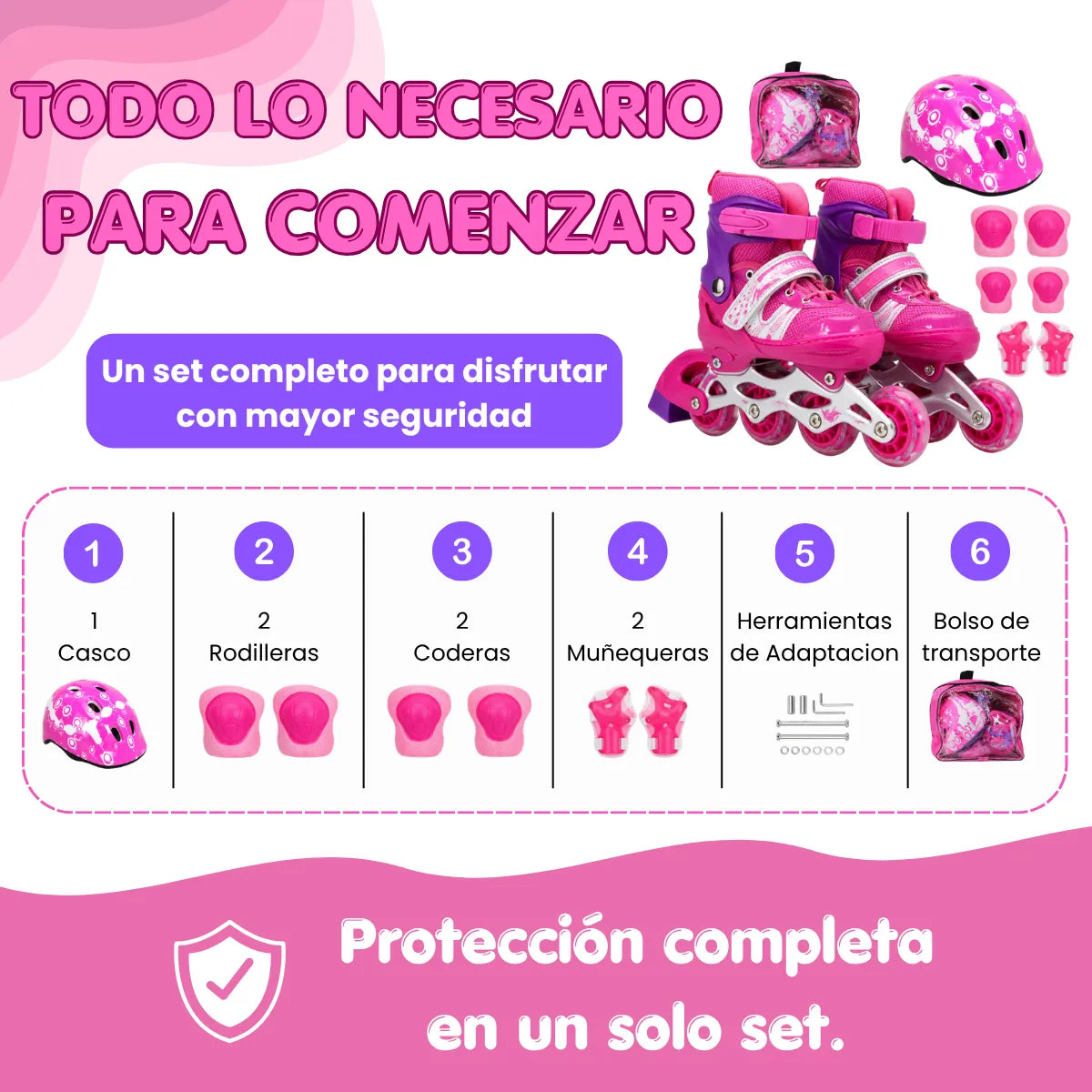 Patines Para Niña Ajustables Con Kit De Protección 4 Llantas Y Línea