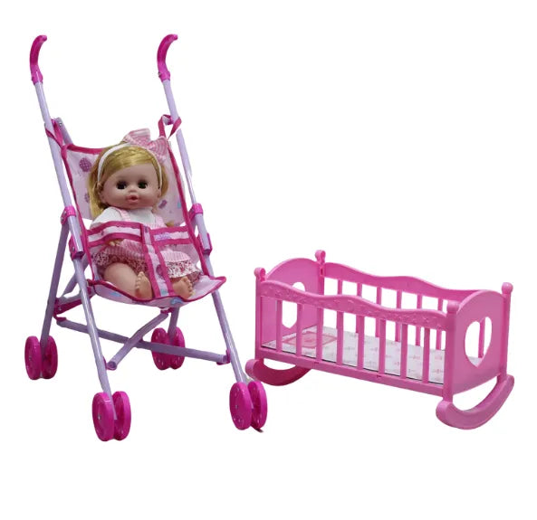Set de Muñeca Con Cuna Y Coche Mas Accesorios Para Niñas