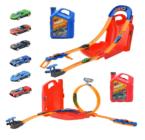 Pista de Carros Maletín Galón de Gasolina Infantil 2 en 1 Incluye 6 Carros Metálicos