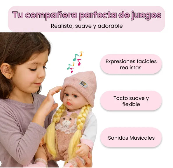 Muñeca Reborn de Silicona Con Sonidos Peinable con Tetero y Chupete