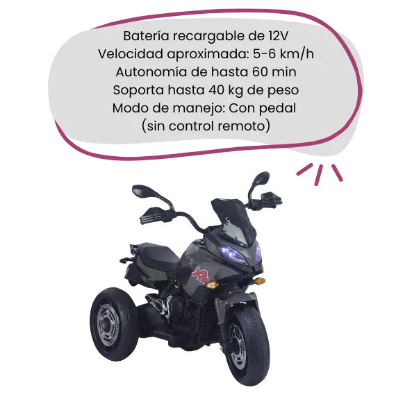 Montable Moto HD Infantil 3 Ruedas Con Luces LED, Sonidos, Bluetooth, USB Y Micrófono