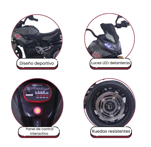 Montable Moto HD Infantil 3 Ruedas Con Luces LED, Sonidos, Bluetooth, USB Y Micrófono