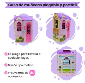 Casa de Muñecas Tipo Maleta con Muñeca y 60 Accesorios Para Niñas