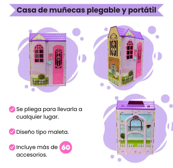 Casa de Muñecas Tipo Maleta con Muñeca y 60 Accesorios Para Niñas