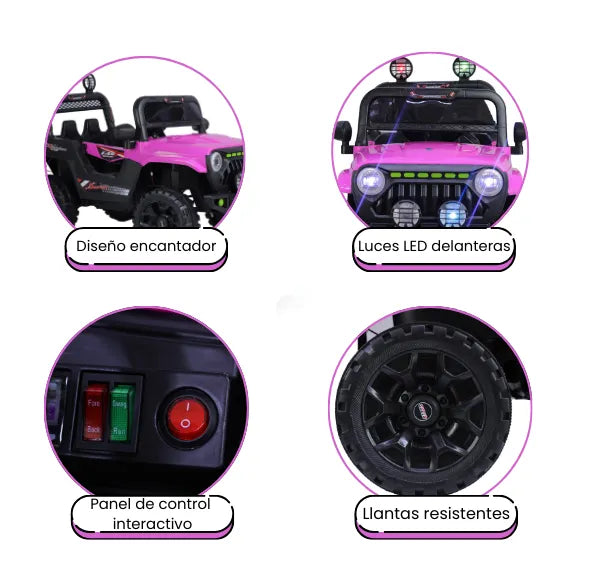Montable Campero Mediano Para Niña Con Control Remoto, Bluetooth, Luces LED Y Sonidos