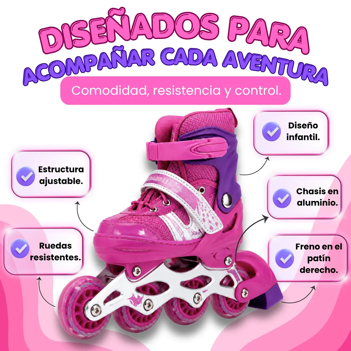 Patines Para Niña Ajustables Con Kit De Protección 4 Llantas Y Línea