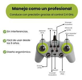 Mula Mas Excavadora a Control Remoto Grande Rotación 360°, Luces y USB Recargable