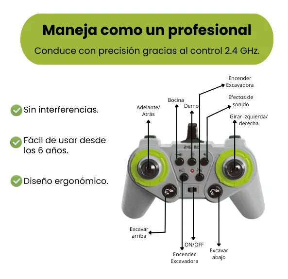 Mula Mas Excavadora a Control Remoto Grande Rotación 360°, Luces y USB Recargable