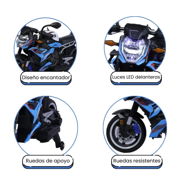 Montable Moto Eléctrica 1008HR Con Luces LED, Sonido, USB Y Ruedas De Apoyo