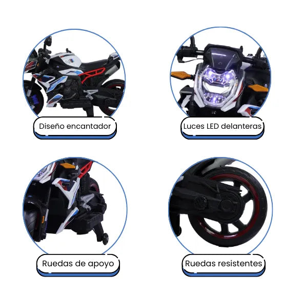 Montable Moto Eléctrica 1008HR Con Luces LED, Sonido, USB Y Ruedas De Apoyo
