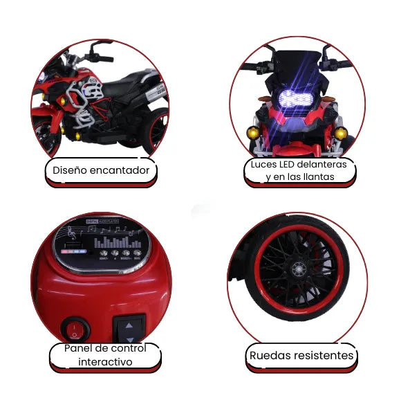Montable Moto Eléctrica Infantil R1250 Negra Con Luces LED, Sonidos, USB y Bluetooth