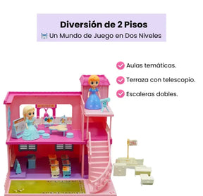 Casa de Muñecas Escolar Pequeña Infantil 2 Pisos con 2 Muñecas y 54 Piezas