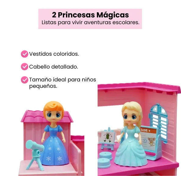 Casa de Muñecas Escolar Pequeña Infantil 2 Pisos con 2 Muñecas y 54 Piezas