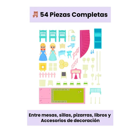 Casa de Muñecas Escolar Pequeña Infantil 2 Pisos con 2 Muñecas y 54 Piezas