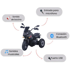 Montable Moto HD Infantil 3 Ruedas Con Luces LED, Sonidos, Bluetooth, USB Y Micrófono