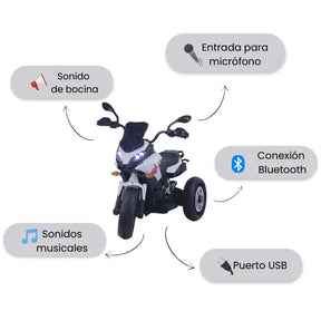 Montable Moto HD Infantil 3 Ruedas Con Luces LED, Sonidos, Bluetooth, USB Y Micrófono