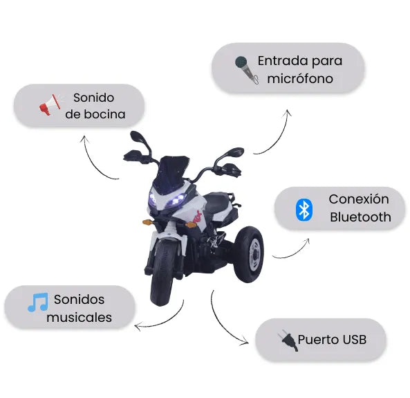 Montable Moto HD Infantil 3 Ruedas Con Luces LED, Sonidos, Bluetooth, USB Y Micrófono