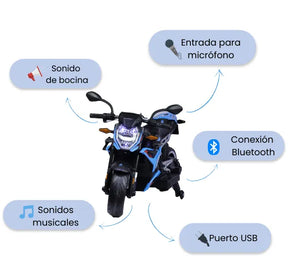 Montable Moto Eléctrica 1008HR Con Luces LED, Sonido, USB Y Ruedas De Apoyo