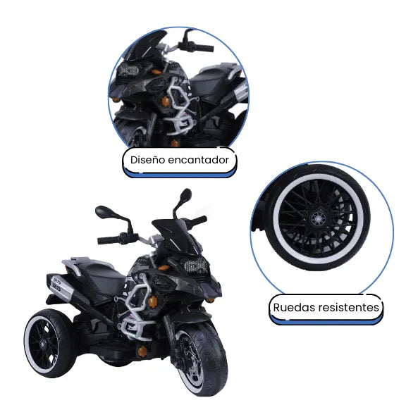 Montable Moto Eléctrica Infantil R1250 Negra Con Luces LED, Sonidos, USB y Bluetooth