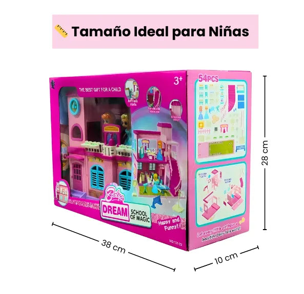 Casa de Muñecas Escolar Pequeña Infantil 2 Pisos con 2 Muñecas y 54 Piezas