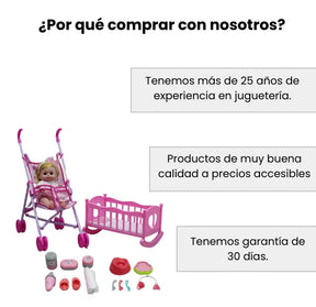 Set de Muñeca Con Cuna Y Coche Mas Accesorios Para Niñas