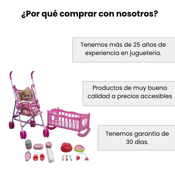 Set de Muñeca Con Cuna Y Coche Mas Accesorios Para Niñas