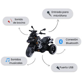 Montable Moto Eléctrica Infantil R1250 Negra Con Luces LED, Sonidos, USB y Bluetooth