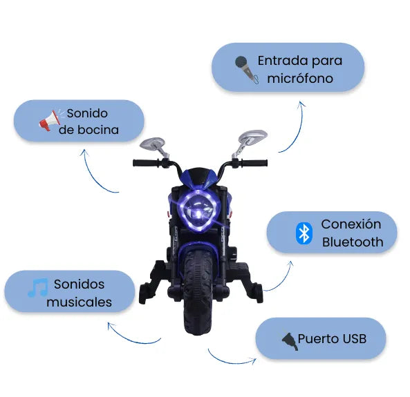 Montable Moto MT Eléctrica Para Niños Con Luces, Sonidos, Ruedas de Apoyo y Bluetooth