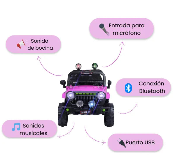 Montable Campero Mediano Para Niña Con Control Remoto, Bluetooth, Luces LED Y Sonidos