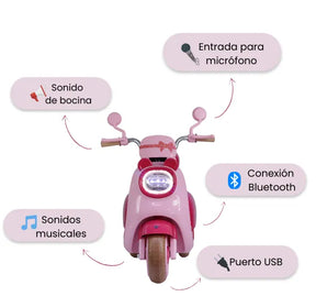 Montable Moto Para Niñas con Luces LED, Música, Puerto USB Y Bluetooth