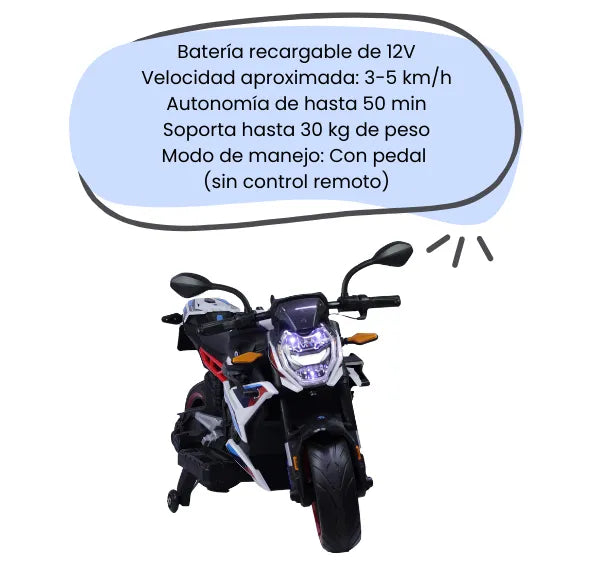 Montable Moto Eléctrica 1008HR Con Luces LED, Sonido, USB Y Ruedas De Apoyo