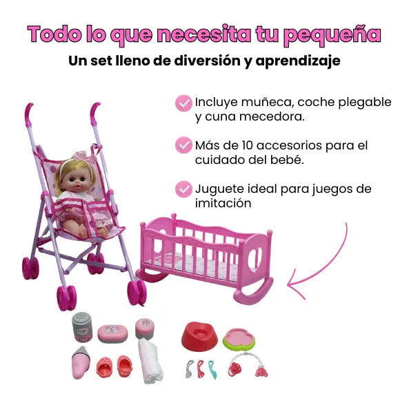 Set de Muñeca Con Cuna Y Coche Mas Accesorios Para Niñas