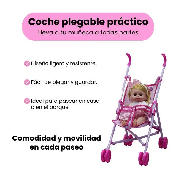 Set de Muñeca Con Cuna Y Coche Mas Accesorios Para Niñas