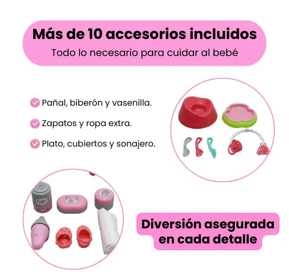 Set de Muñeca Con Cuna Y Coche Mas Accesorios Para Niñas