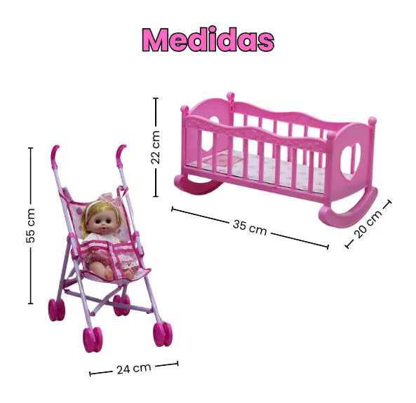 Set de Muñeca Con Cuna Y Coche Mas Accesorios Para Niñas