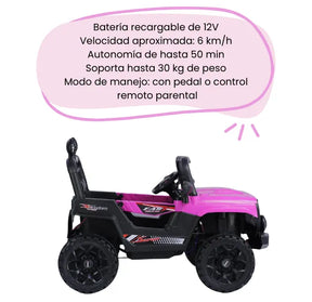 Montable Campero Mediano Para Niña Con Control Remoto, Bluetooth, Luces LED Y Sonidos