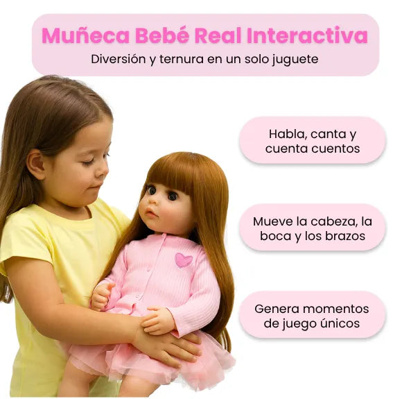 Muñeca Bebé Real Gestos Grande 55 cm Interactiva Habla, Canta, Mueve Cabeza, Boca y Manos