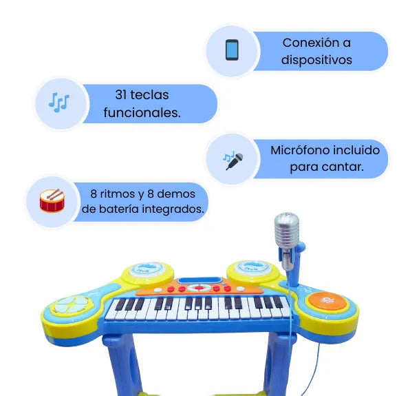 Piano Infantil con Micrófono, Silla, Luces, Sonidos Y Conexión MP3