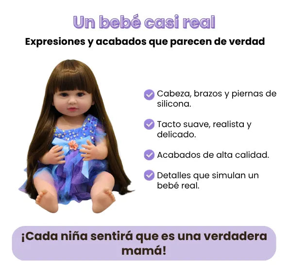 Muñeca Bebé Realista Latina 55 cm con Cabello Largo Peinable y Accesorios