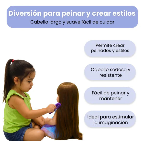 Muñeca Bebé Realista Latina 55 cm con Cabello Largo Peinable y Accesorios