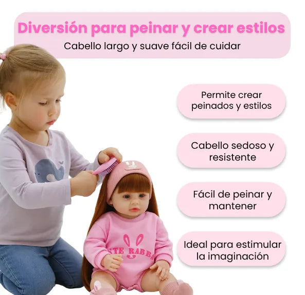 Muñeca Bebé Realista Latina 55 cm con Cabello Largo Peinable y Accesorios