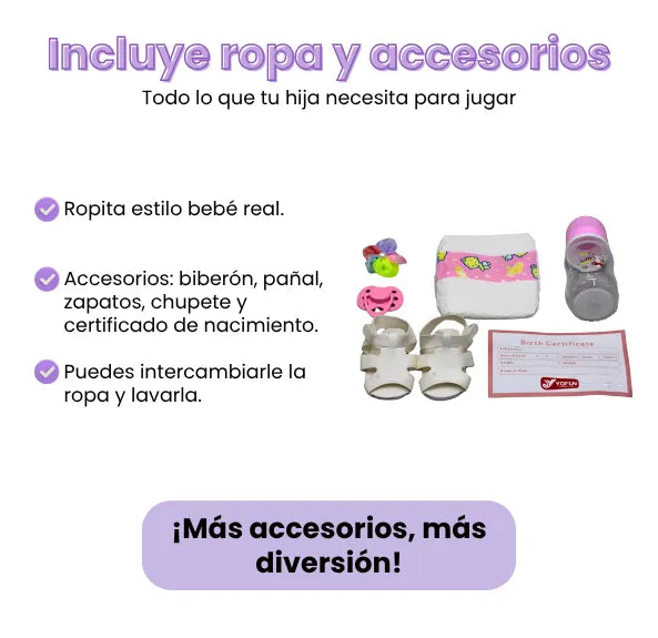 Muñeca Bebé Realista Latina 55 cm con Cabello Largo Peinable y Accesorios