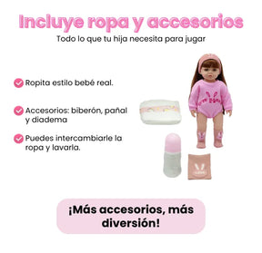 Muñeca Bebé Realista Latina 55 cm con Cabello Largo Peinable y Accesorios