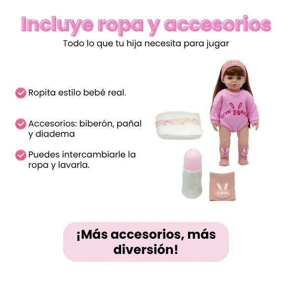 Muñeca Bebé Realista Latina 55 cm con Cabello Largo Peinable y Accesorios